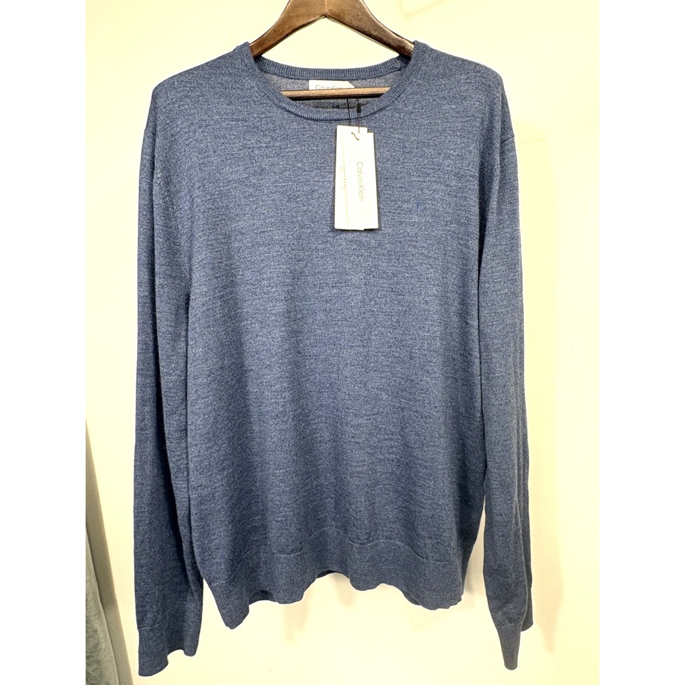 Calvin Klein Mens Fine Merino Wool Blend Crewneck Sweater Logo XL  Blue Preppy